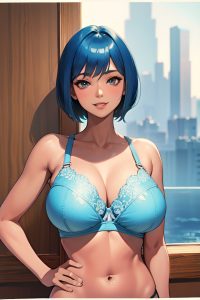 anime,skinny,huge boobs,50s age,happy face,blue hair,bobcut hair style,dark skin,watercolor,yacht,back view,plank,bra