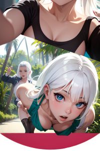 anime,busty,small tits,70s age,orgasm face,white hair,slicked hair style,light skin,warm anime,jungle,close-up view,jumping,stockings