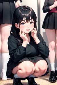 anime,chubby,small tits,50s age,happy face,black hair,straight hair style,light skin,soft + warm,changing room,close-up view,squatting,goth