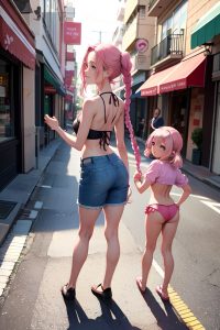 anime,skinny,small tits,50s age,happy face,pink hair,braided hair style,light skin,warm anime,street,back view,t-pose,bikini