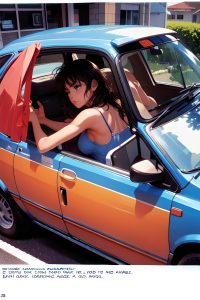 anime,skinny,small tits,80s age,serious face,brunette,messy hair style,dark skin,comic,car,back view,sleeping,schoolgirl