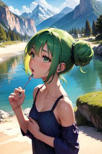 anime,muscular,small tits,60s age,shocked face,green hair,hair bun hair style,dark skin,soft anime,mountains,side view,eating,pajamas