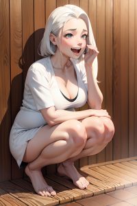 anime,pregnant,small tits,30s age,laughing face,white hair,slicked hair style,dark skin,3d,sauna,front view,squatting,teacher