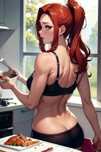 anime,busty,small tits,70s age,ahegao face,ginger,slicked hair style,dark skin,watercolor,gym,back view,cooking,bra