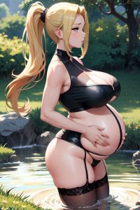 anime,pregnant,huge boobs,40s age,serious face,blonde,ponytail hair style,light skin,dark fantasy,meadow,side view,bathing,stockings