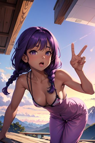 anime,busty,small tits,80s age,orgasm face,purple hair,braided hair style,dark skin,warm anime,mountains,front view,t-pose,pajamas