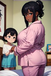 anime,chubby,small tits,60s age,shocked face,black hair,pixie hair style,dark skin,painting,wedding,side view,on back,pajamas