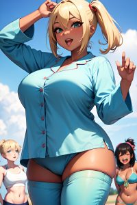 anime,chubby,huge boobs,18 age,ahegao face,blonde,pixie hair style,dark skin,crisp anime,oasis,front view,jumping,pajamas