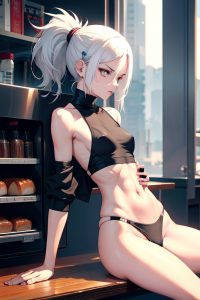 anime,skinny,small tits,30s age,angry face,white hair,ponytail hair style,light skin,cyberpunk,cafe,side view,spreading legs,schoolgirl