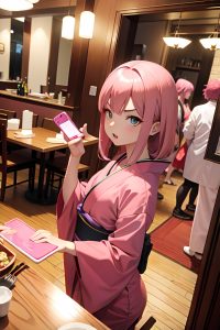 anime,busty,small tits,40s age,angry face,pink hair,straight hair style,light skin,mirror selfie,restaurant,side view,spreading legs,kimono
