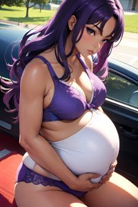 anime,pregnant,small tits,70s age,serious face,purple hair,straight hair style,dark skin,skin detail (beta),car,side view,working out,bra