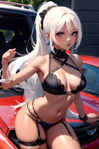 anime,busty,small tits,70s age,pouting lips face,white hair,ponytail hair style,dark skin,soft + warm,car,front view,t-pose,lingerie