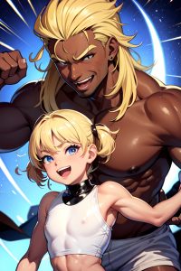 anime,muscular,small tits,80s age,laughing face,blonde,slicked hair style,dark skin,dark fantasy,party,front view,yoga,latex
