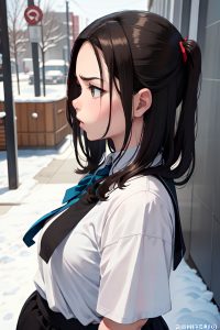 anime,chubby,small tits,40s age,angry face,brunette,slicked hair style,light skin,charcoal,snow,side view,on back,teacher