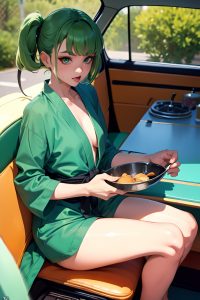 anime,skinny,small tits,70s age,ahegao face,green hair,bangs hair style,light skin,vintage,car,front view,cooking,bathrobe