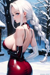 anime,skinny,huge boobs,60s age,shocked face,white hair,braided hair style,light skin,film photo,snow,back view,cumshot,latex