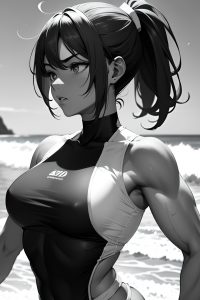 anime,muscular,small tits,30s age,serious face,ginger,ponytail hair style,dark skin,black and white,beach,close-up view,t-pose,nurse