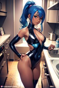 anime,busty,small tits,80s age,happy face,blue hair,ponytail hair style,dark skin,cyberpunk,kitchen,side view,jumping,latex