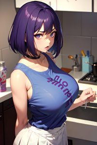 anime,busty,huge boobs,20s age,angry face,purple hair,bobcut hair style,dark skin,illustration,kitchen,back view,t-pose,schoolgirl