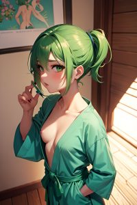 anime,busty,small tits,20s age,pouting lips face,green hair,pixie hair style,dark skin,painting,prison,back view,gaming,bathrobe