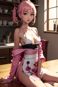 anime,skinny,small tits,60s age,pouting lips face,pink hair,pixie hair style,dark skin,illustration,kitchen,front view,plank,geisha