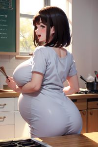 anime,pregnant,huge boobs,50s age,laughing face,brunette,bangs hair style,light skin,illustration,snow,back view,cooking,teacher