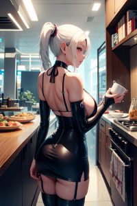 anime,skinny,huge boobs,20s age,happy face,white hair,pigtails hair style,dark skin,cyberpunk,cafe,back view,cooking,stockings