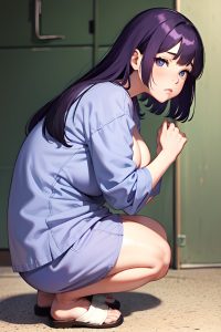 anime,chubby,small tits,70s age,sad face,purple hair,bangs hair style,light skin,black and white,prison,side view,squatting,pajamas