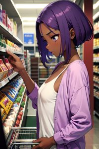 anime,skinny,small tits,70s age,shocked face,purple hair,slicked hair style,dark skin,skin detail (beta),grocery,side view,gaming,teacher
