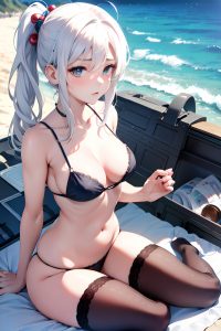 anime,busty,small tits,40s age,serious face,white hair,messy hair style,light skin,film photo,beach,close-up view,sleeping,stockings