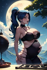 anime,pregnant,huge boobs,60s age,laughing face,blue hair,slicked hair style,dark skin,charcoal,moon,back view,cooking,goth