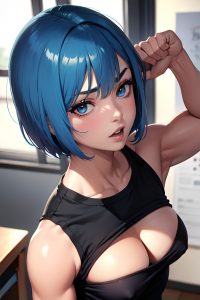 anime,muscular,small tits,50s age,shocked face,blue hair,bobcut hair style,dark skin,charcoal,office,close-up view,working out,teacher
