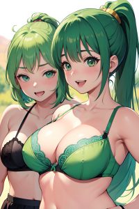 anime,chubby,small tits,30s age,laughing face,green hair,ponytail hair style,light skin,illustration,desert,close-up view,massage,bra