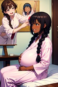 anime,pregnant,small tits,80s age,laughing face,brunette,braided hair style,dark skin,painting,snow,side view,massage,bathrobe