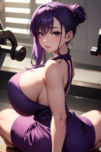 anime,skinny,huge boobs,40s age,happy face,purple hair,hair bun hair style,dark skin,dark fantasy,gym,side view,straddling,bathrobe