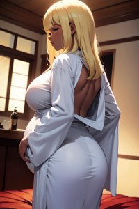 anime,pregnant,huge boobs,50s age,serious face,blonde,bangs hair style,dark skin,dark fantasy,restaurant,back view,sleeping,bathrobe