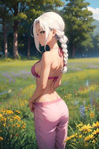 anime,skinny,small tits,40s age,serious face,white hair,braided hair style,dark skin,vintage,meadow,back view,yoga,pajamas