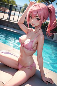 anime,busty,small tits,18 age,ahegao face,pink hair,straight hair style,light skin,illustration,pool,front view,straddling,lingerie