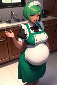 anime,pregnant,small tits,20s age,ahegao face,green hair,bobcut hair style,dark skin,3d,kitchen,front view,t-pose,maid