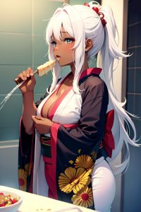 anime,chubby,small tits,18 age,sad face,white hair,messy hair style,dark skin,soft + warm,shower,side view,eating,kimono