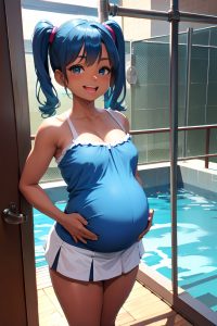 anime,pregnant,small tits,80s age,laughing face,blue hair,pigtails hair style,dark skin,skin detail (beta),prison,front view,bathing,mini skirt