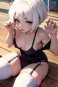 anime,muscular,small tits,60s age,happy face,white hair,bobcut hair style,light skin,comic,bus,close-up view,plank,stockings