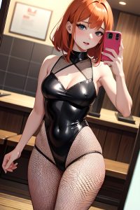 anime,busty,small tits,30s age,ahegao face,ginger,bangs hair style,dark skin,mirror selfie,restaurant,close-up view,spreading legs,fishnet