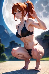anime,muscular,small tits,50s age,happy face,ginger,ponytail hair style,light skin,3d,moon,front view,squatting,bra