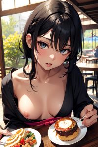 anime,skinny,small tits,20s age,orgasm face,black hair,pixie hair style,dark skin,vintage,cafe,close-up view,eating,kimono