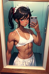 anime,muscular,small tits,60s age,pouting lips face,black hair,pixie hair style,dark skin,mirror selfie,prison,front view,gaming,maid