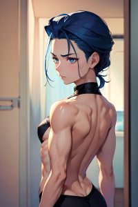 anime,muscular,small tits,40s age,sad face,blue hair,slicked hair style,light skin,soft + warm,club,front view,on back,goth
