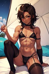anime,muscular,small tits,60s age,seductive face,brunette,messy hair style,dark skin,warm anime,tent,front view,gaming,stockings