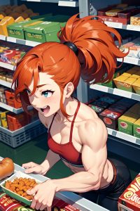 anime,muscular,small tits,40s age,laughing face,ginger,pixie hair style,dark skin,crisp anime,grocery,close-up view,bending over,goth