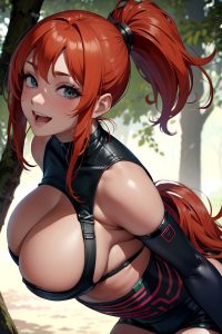 anime,busty,huge boobs,60s age,laughing face,ginger,ponytail hair style,dark skin,cyberpunk,forest,close-up view,bending over,teacher